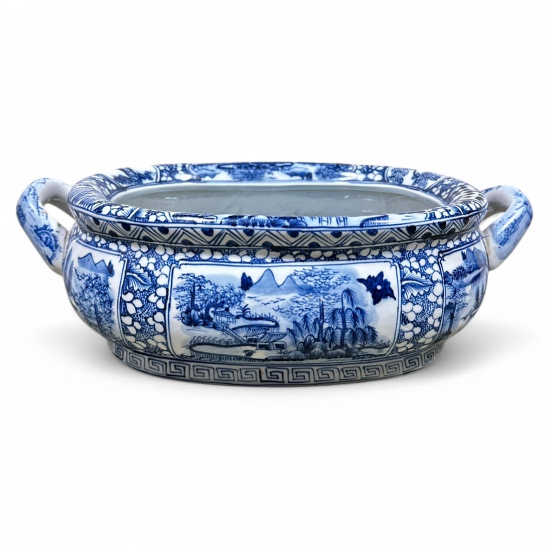 NO RESERVE-Blue and White Porcelain Foot Bath, Chinese Hand-Painted Double-Handled Planter (1 of 7)