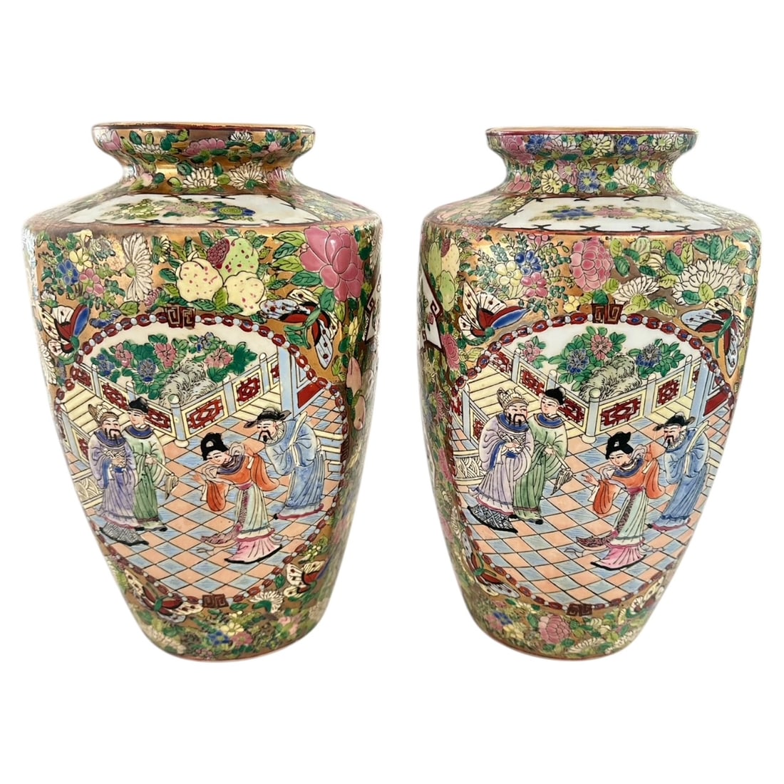 NO RESERVE- Pair of Chinese Rose Medallion Vases, Hand-Painted Gold Detail, Red Stamp (1 of 13)