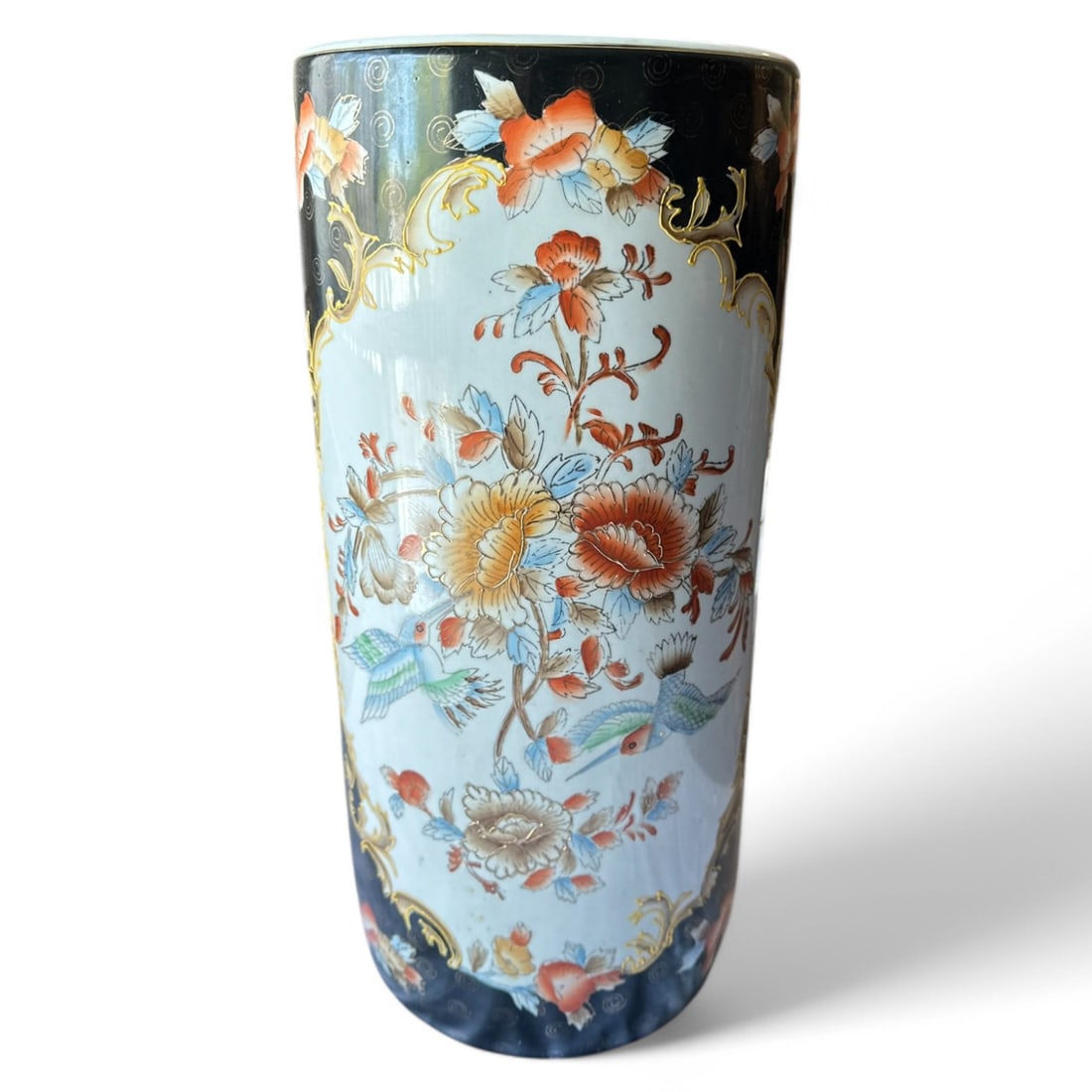 NO RESERVE- Porcelain Umbrella Stand with Black and Coral Floral, Red Maker's Mark on Bottom (1 of 5)