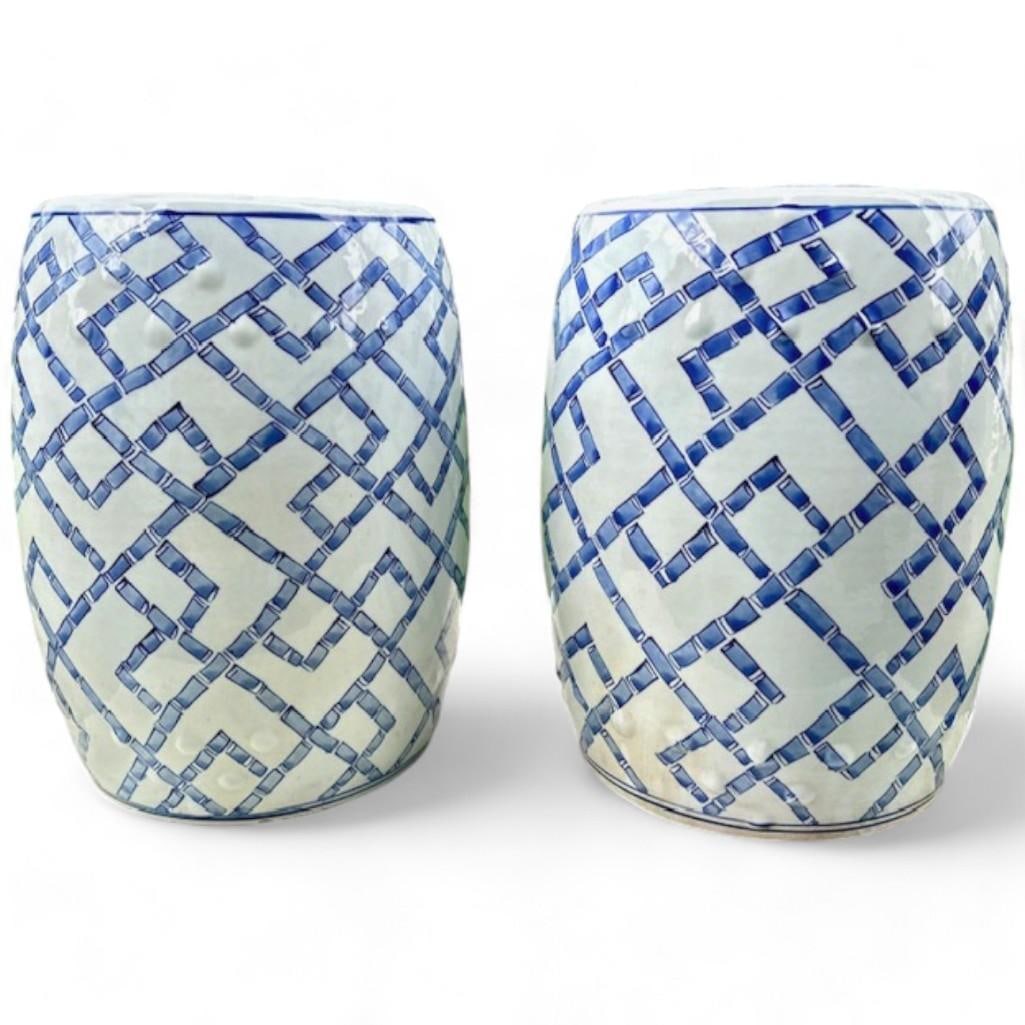 NO RESERVE- Pair Blue Bamboo Lattice Garden Stools, Ceramic Plant Stand, Side Table (1 of 5)