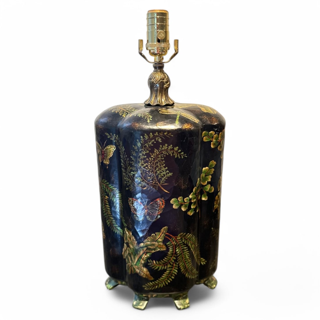 NO RESERVE-Vintage Toleware Wildwood Lamp in Black Wood Hand-painted Fern and Butterfly Motif (1 of 8)