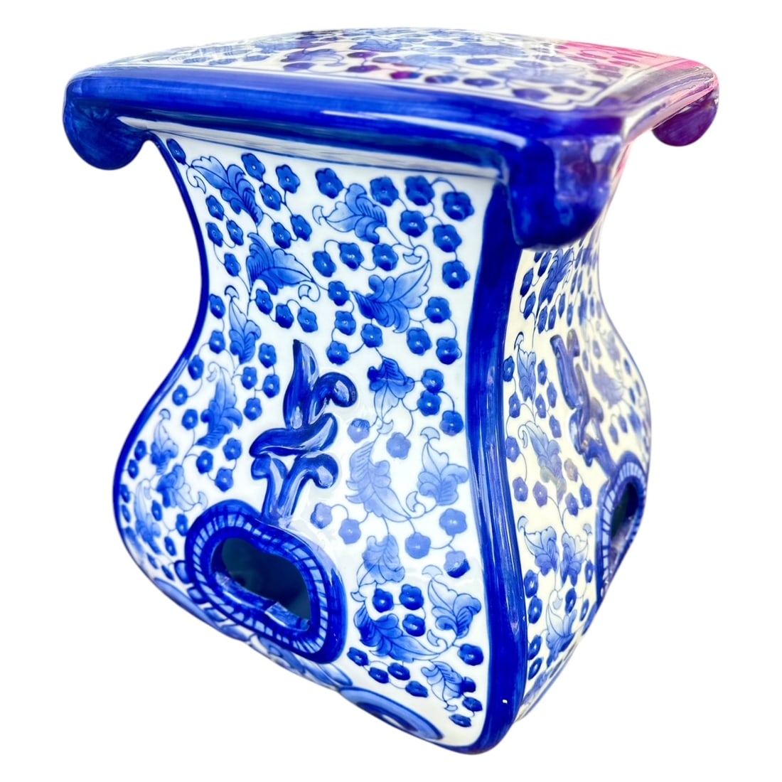NO RESERVE- Blue & White Square-Top Chinese Porcelain Garden Stool, Plant Stand with Floral and Vine (1 of 6)
