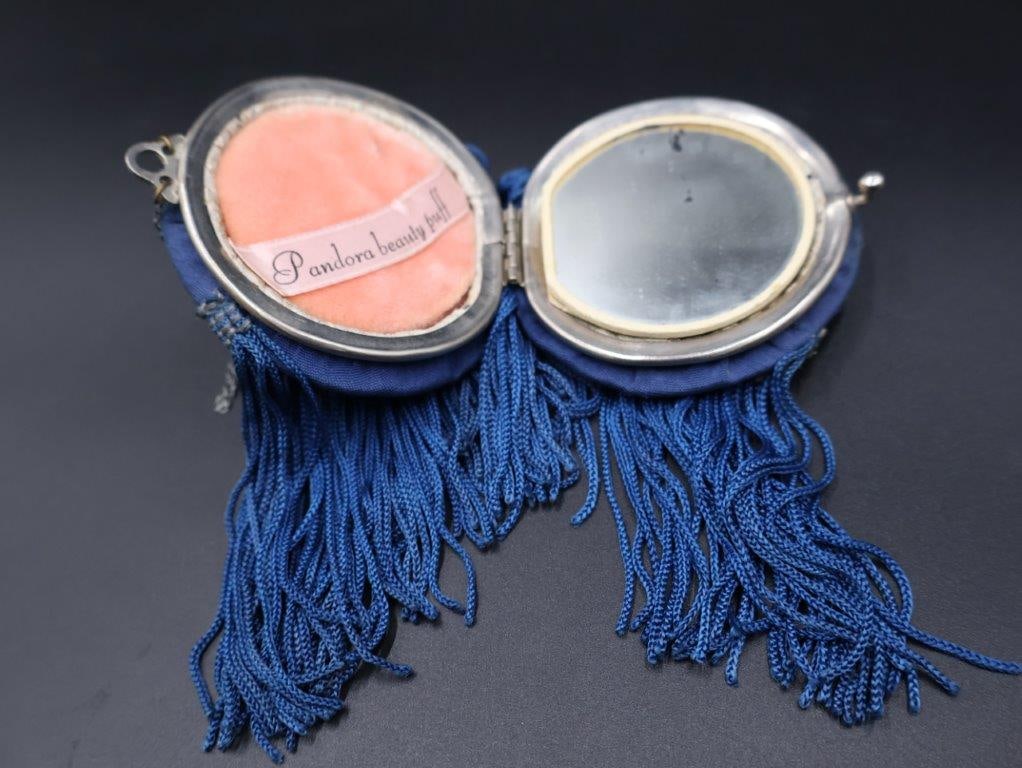 Vintage Blue Fringed Wrist Coin Purse with Mirror and Makeup Compact (1 of 5)
