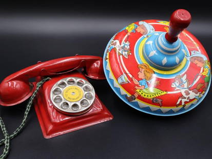 1940s 50s NN Hill Brass Co Toy Dial Telephone, plus: 1950s Ohio Art Co metal Spinning Top Toy, Please see all pictures for condition