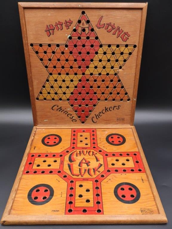 Pair West Coast Picture Corp Portland Oregon boards: with 1940s Hop A Long Chinese Checkers, plus Vintage Chuck A Luck board, great overall condition with minor signs of age