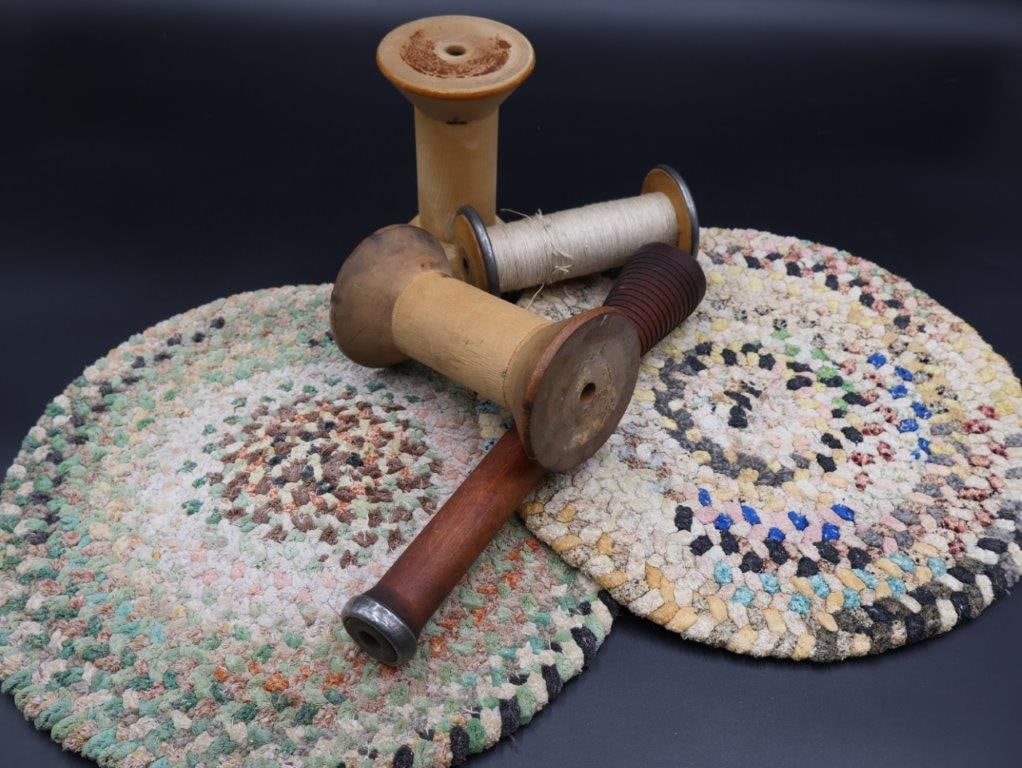 Pair Vintage Hand Braided Round Mats Rugs, plus (1 of 5)