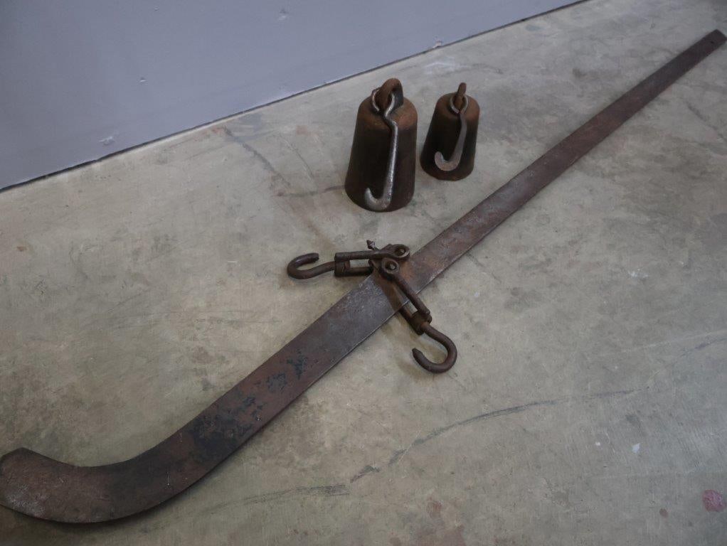 Antique Balance Beam Scale with Weights: Hooks and a Pair of Counter Weights, Beam is Approx 42 inches long