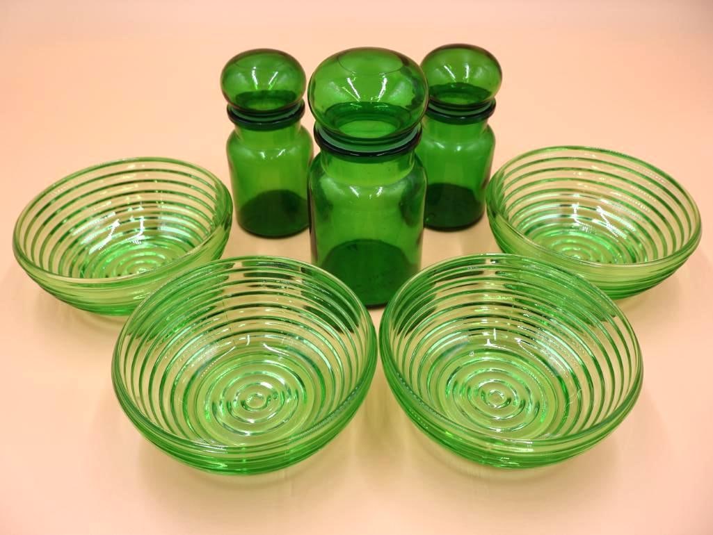 Vintage Green Belgian Apothecary Canisters and Vintage Mid Century Emerald Green Beehive Ribbed (1 of 11)