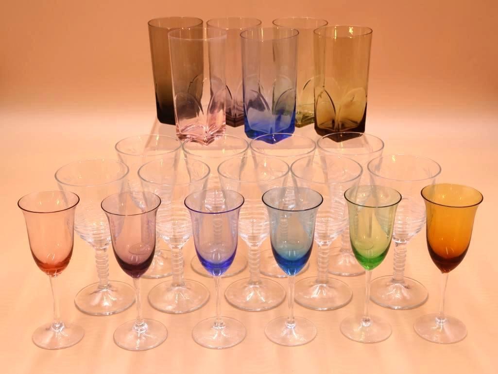 Set of Vintage Wine Glasses and Water Tumblers: Multi Colored stemware.
