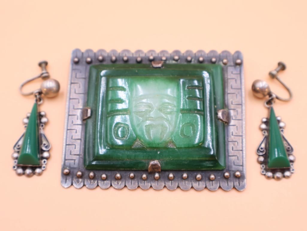 Vintage Sterling and Mexican Jade Brooch and Earrings (1 of 8)