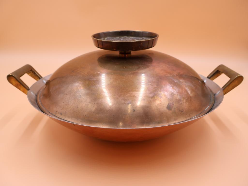 Large Ornate Copper Wok: Beautiful Heron Design on lid.
