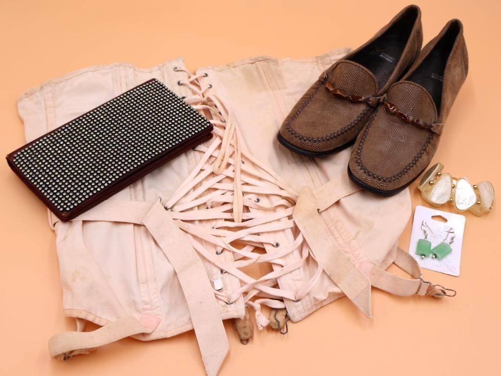 Vintage Corset, Jewelry and Shoes: Stuart Weitzman shoes, vintage ladies corset, clutch, earring and bracelet.