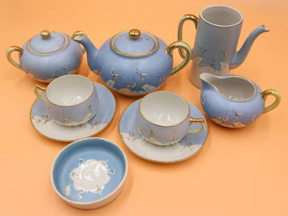 Hand Painted Nippon Antique Ceramic Tea Set Featuring White Cranes: Seven Piece Set, marked Nippon China on the base.