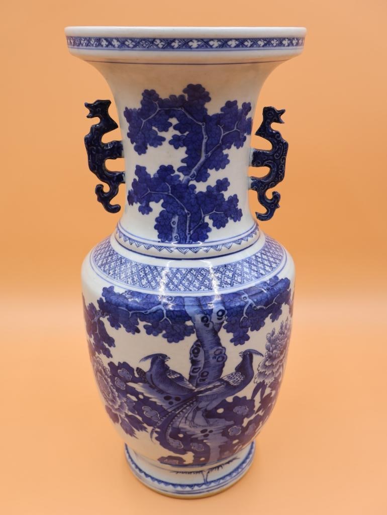 19th Century Large Chinese Blue and White Vase: Includes note that states 'original undamaged condition, the decoration around the foot ring shows that the piece slumped to one side during the firing and the potter built up the foot to compensate'.
