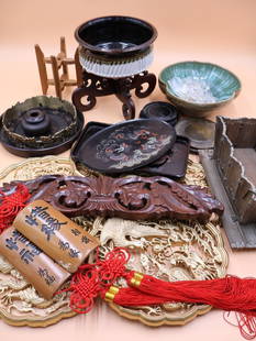 Collection of Planters, Serving Trays, and Accent Pieces: Vintage Wood accent wall piece, plastic gold toned round wall hangers, glass drawer pulls, stoneware pots, wood pot stands, and more!