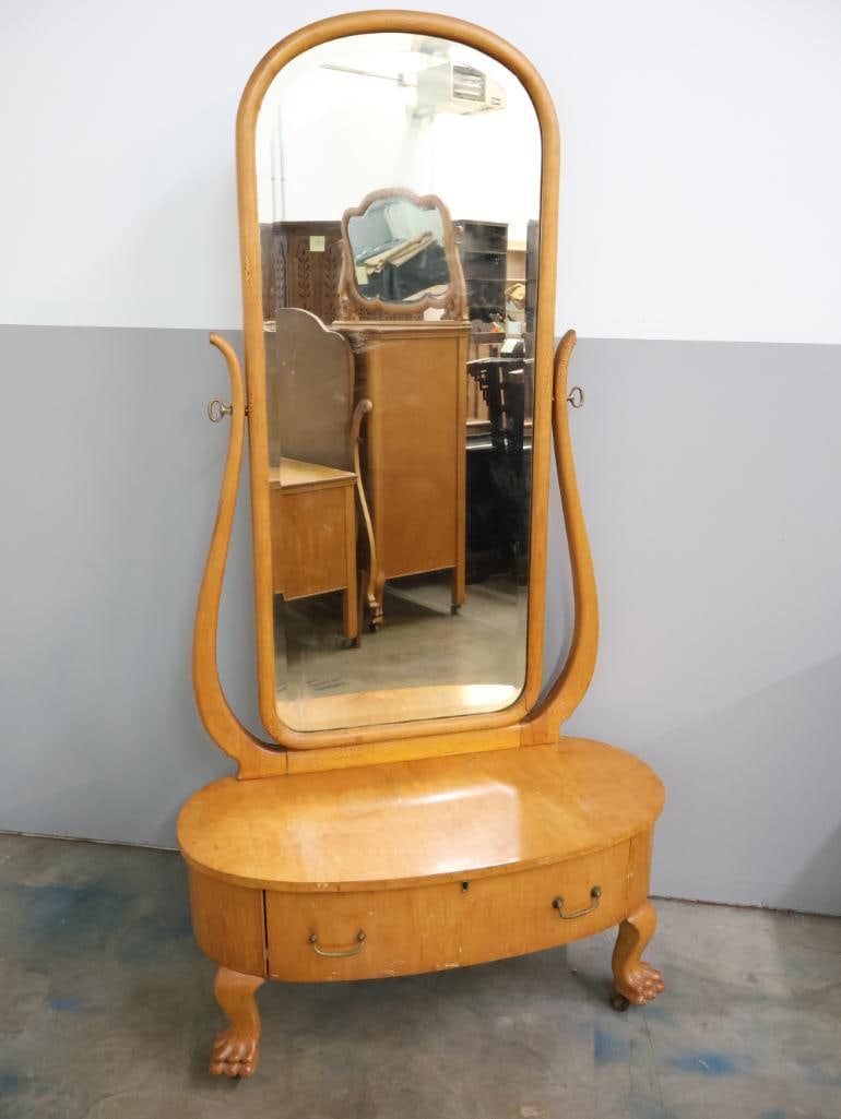 Antique Bird Eye Maple Cheval Dressing Mirror with One Drawer (1 of 11)