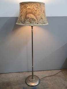 Vintage Metal Floor Lamp with Glass Inner Shade: Fabric Shade has been recovered, vintage metal floor lamp stands about 55.5 inches tall