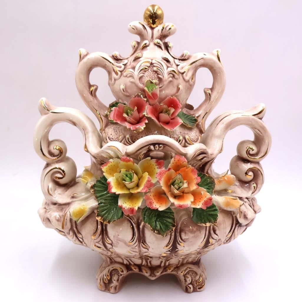Large Lidded Capodimonte Style Centerpiece: Marked with only numbers on bottom, overall great shape with one known chip on flower, please see all photos. Stands about 17" tall