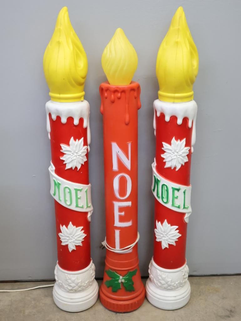 Three Vintage Noel Candle Lighted Blow Molds: Pair of white base candle blow molds marked Empire 1973. Please see all photos for conditions