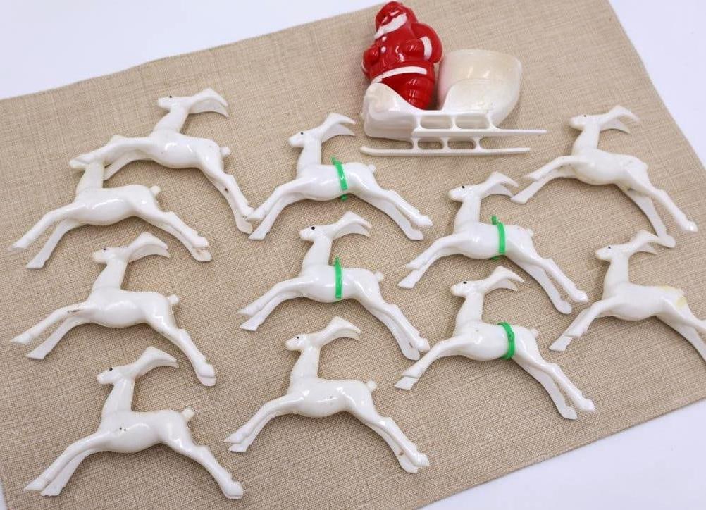 Vintage MCM Hard Plastic Rosbro Reindeer and Santa with Sleigh: Please see all photos for condition