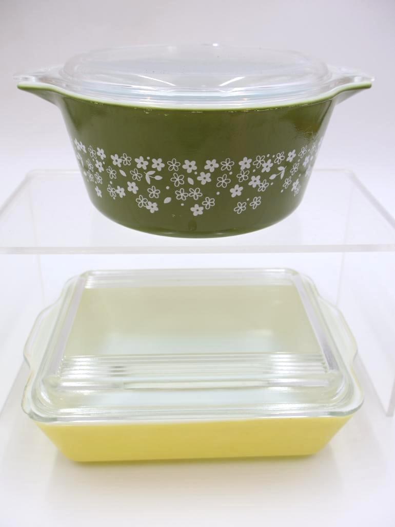 Two Vintage Pyrex Lidded Dishes: Pyrex green Spring Blossom in overall good condition 473-B 1.5, Yellow Refrigerator dish (small chip on lid) 0503