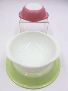 Three Vintage Pyrex Dishes: White dish 022/18 1 qt, pink small dish 080/7 8 oz, yellow/lime green 9 inch pie plate 909/14
