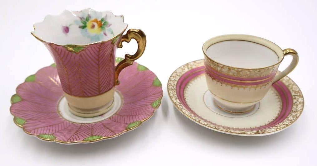 Occupied Japan made Tea Cups and Saucers: SAJI Fancy China Occupied Japan pink tall cup, and Yamaka China made in Occupied Japan