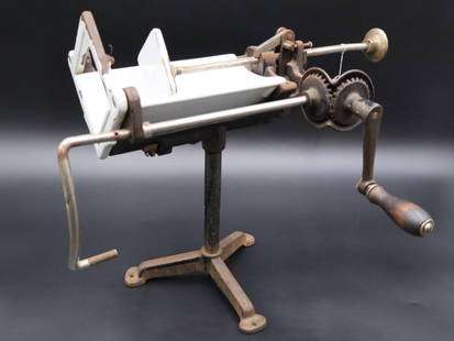 Antique Commercial Cheese Slicer: Unique antique store cheese slicer, with white enamel to hold cheese block. Crank mechanism works, only needs a wire to cut the cheese!