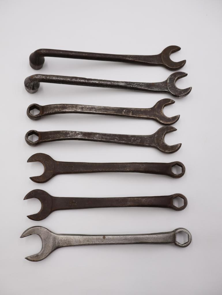 Collection of Model T Ford Wrenches: Various Ford wrenches, the open end was used mostly for spark plug adjustment and closed box end was for tightening the head bolts as they loosened on the rough roads