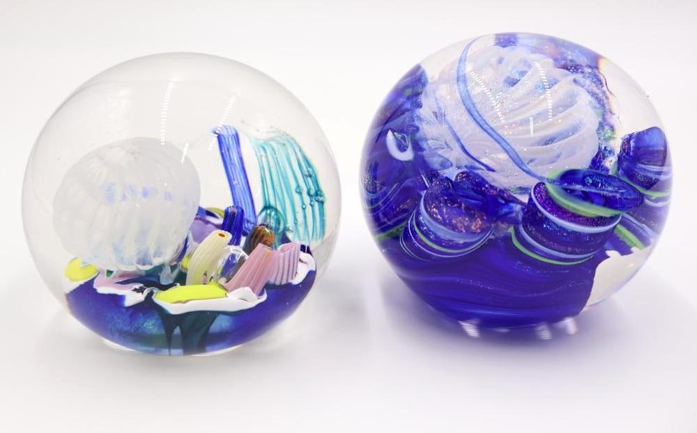 Pair of Artisan Large Glass Paperweights: About 3 inches tall, appears to be signed 'C. D'Aquila' on both pieces