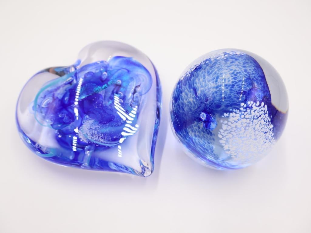 Large Glass Heart and Orb Paperweight: Heart is signed on bottom, 'Kap..', blue orb has sticker 'Jerpoint Glass Studio Made in Ireland'