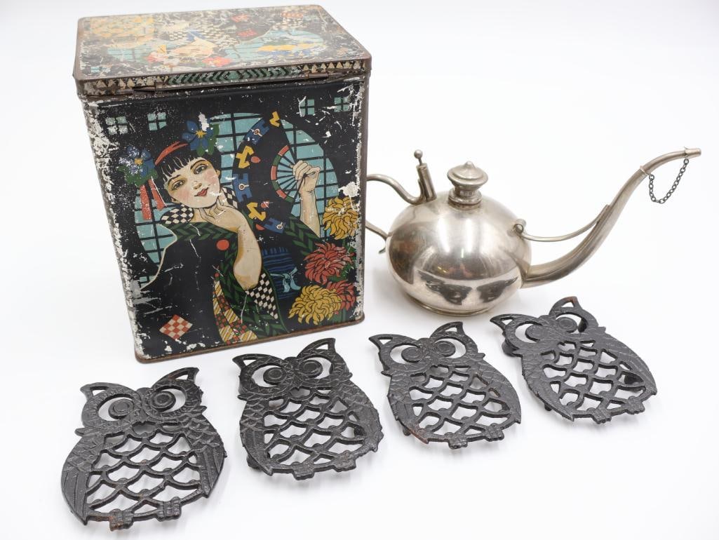 Vintage Whale Oil Can, Metal Japanese Tea Tin, Cast Iron Owl Trivets: Gorgeous whale oil can by Sternau & Co