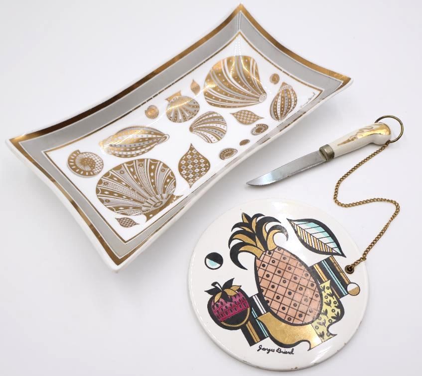 Vintage Georges Briard Ambrosia Cheese Board and Seashell Platter: Ambrosia pineapple motif cheese board with knife on chain, and white glass gold seashell platter