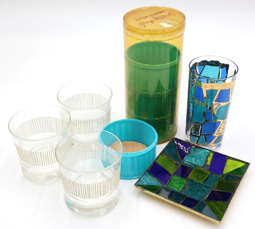 Collection of Vintage Georges Briard Glassware and More: Unique light blue plastic and cork Georges Briard coasters in original packaging, three icicle low ball glasses, blue and green glass mosaic dish and glass