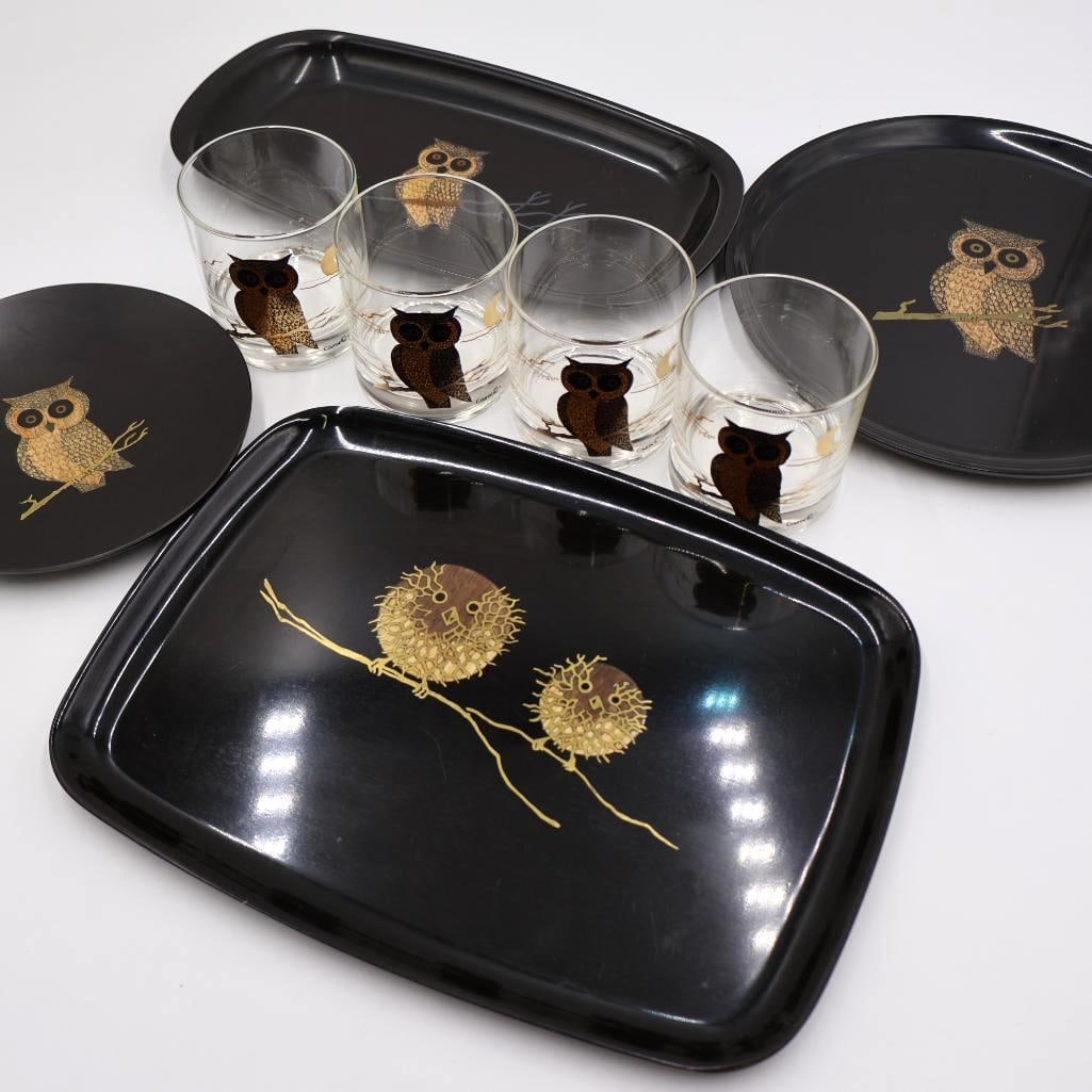 Mid Century Modern Couroc of Monterey: Owl Trays and Glasses (1 of 16)