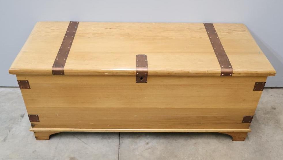 Vintage Wood Chest: Light wood tone with metal bracket accents, stands about 19" tall