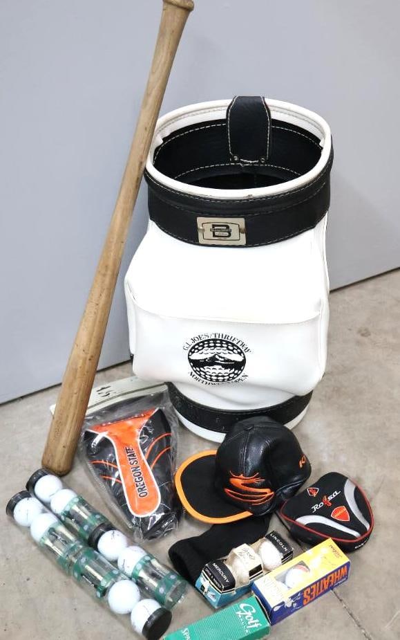 Vintage Baseball Bat, Golf Bag and Golf Supplies: It's a Wilson No. W-585 Boys Special baseball bat, golf balls new in package Spalding, Wheaties, Titleist Black Butte Ranch, golf club covers OSU and more, G.I. Joe's Thriftway Northwest Open bag