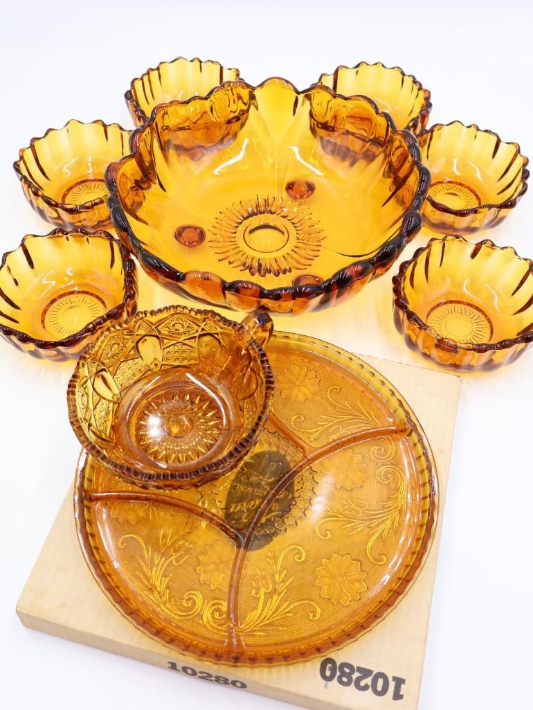 Vintage Amber Colored Glass Dishes Including NOS Platter: Still in box Tiara exclusive amber divided plate