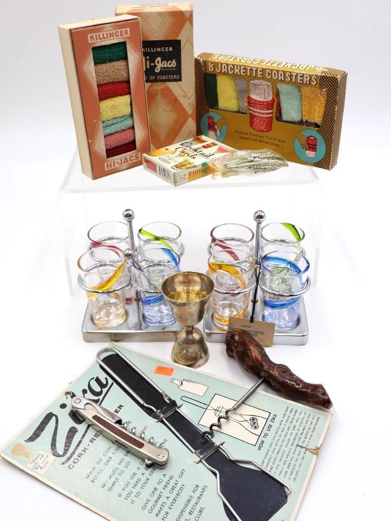 Vintage Drink and Barware and More: Kai Kershaw Sommelier wine opener and knife, vintage wine cork retriever, 8 Jackette coasters socks for glassware, and Killinger Hi-Jacs coaster sock glass set. Two new sets of Starbucks shot glass se