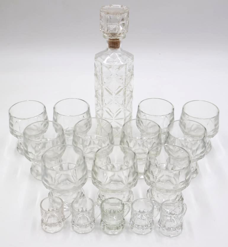 Vintage Glasses and Decanter: Small mug shot glasses, Anchor Hocking Georgian Clear lowball glasses, and vintage decanter with cork stopper