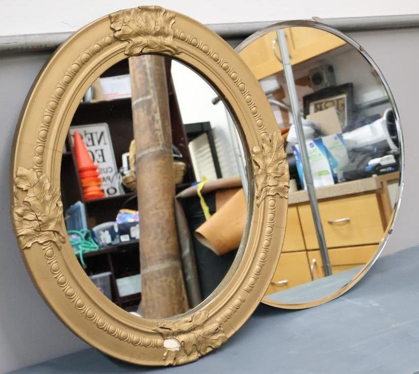 Antique Oval Mirror and Round Mirror: Antique mirror with ornate mirrors, cracking and one has damage, stands about 21.5" tall, and round mirror is about 20.5" tall