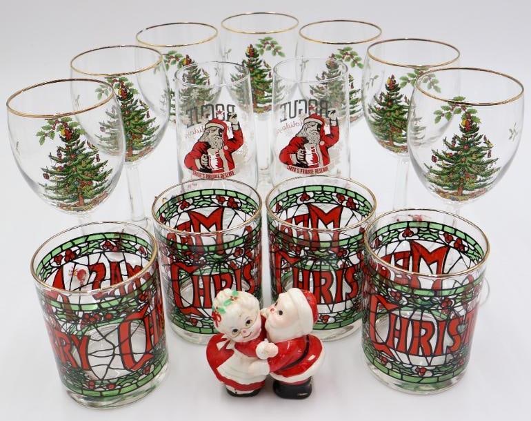 Rogue Brewery Santa Glasses and Vintage Christmas Barware: Also includes Lefton Kissing Mr. and Mrs. Claus salt and pepper shakers
