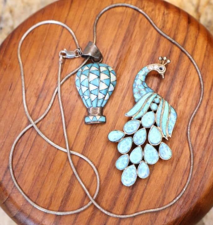 Lovely Turquoise Colored Opal Peacock Pendant and Hot Air Balloon Necklace: Both marked 925 and sterling, chain is about 10" marked 925 as well