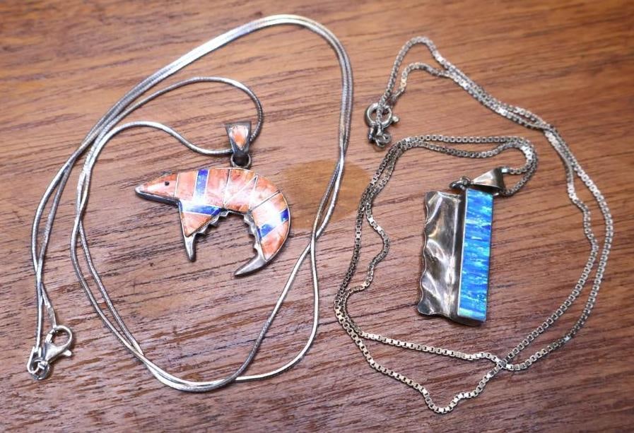 Two Sterling Silver Necklaces, Blue Opal Geometric and Red Jasper Bear (1 of 9)