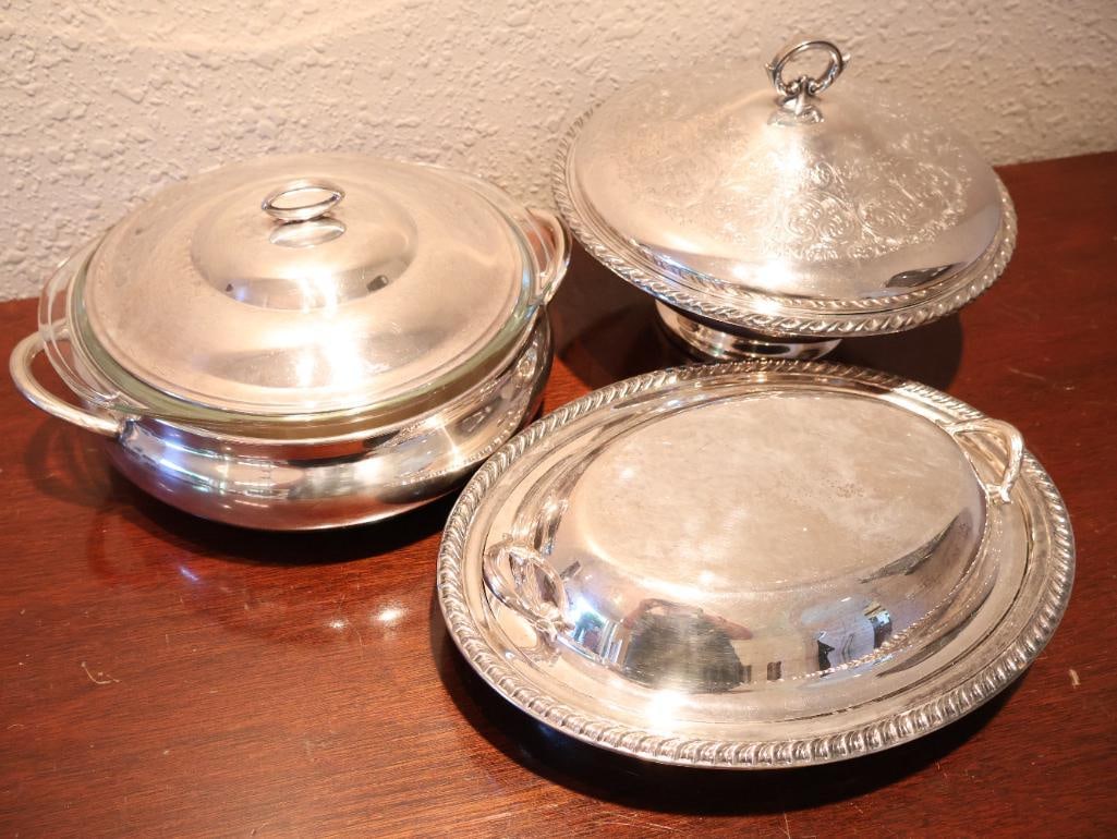 Three Silverplate Casserole Serving Dishes: Two include Pyrex glass inserts