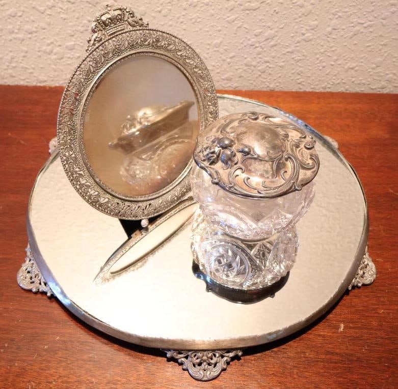 Antique Mirror Plateau, Framed Mirror, and Ornate Lidded Crystal Dish: Art Nouveau glass boudoir jar, ornate framed smoky mirror, 16" marked mirror plateau with maker mark with some denting on rim