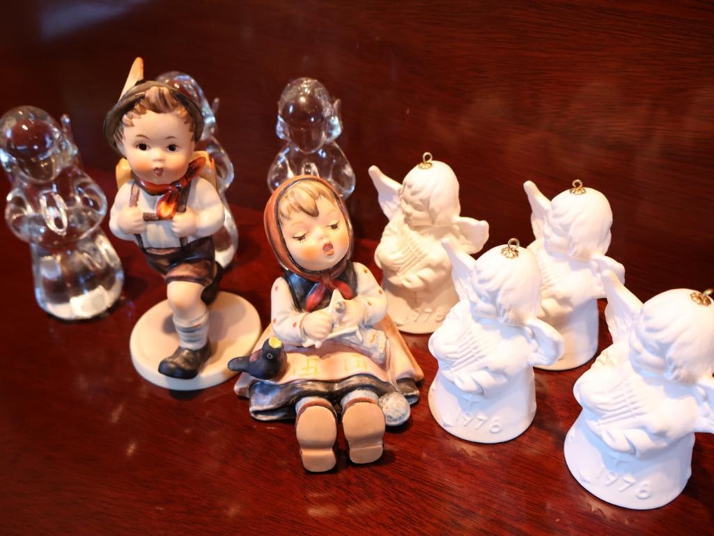 Goebel Hummels, White Ceramic Angels and Glass Angels: Goebel Happy Pastime #69 and School Boy #82, Goebel brand set of four white angels, three glass angels