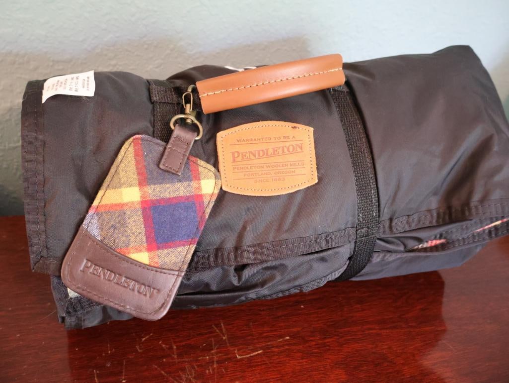 Pendleton Travel Picnic Blanket and Luggage Tag: Picnic blanket embroidered with company logo