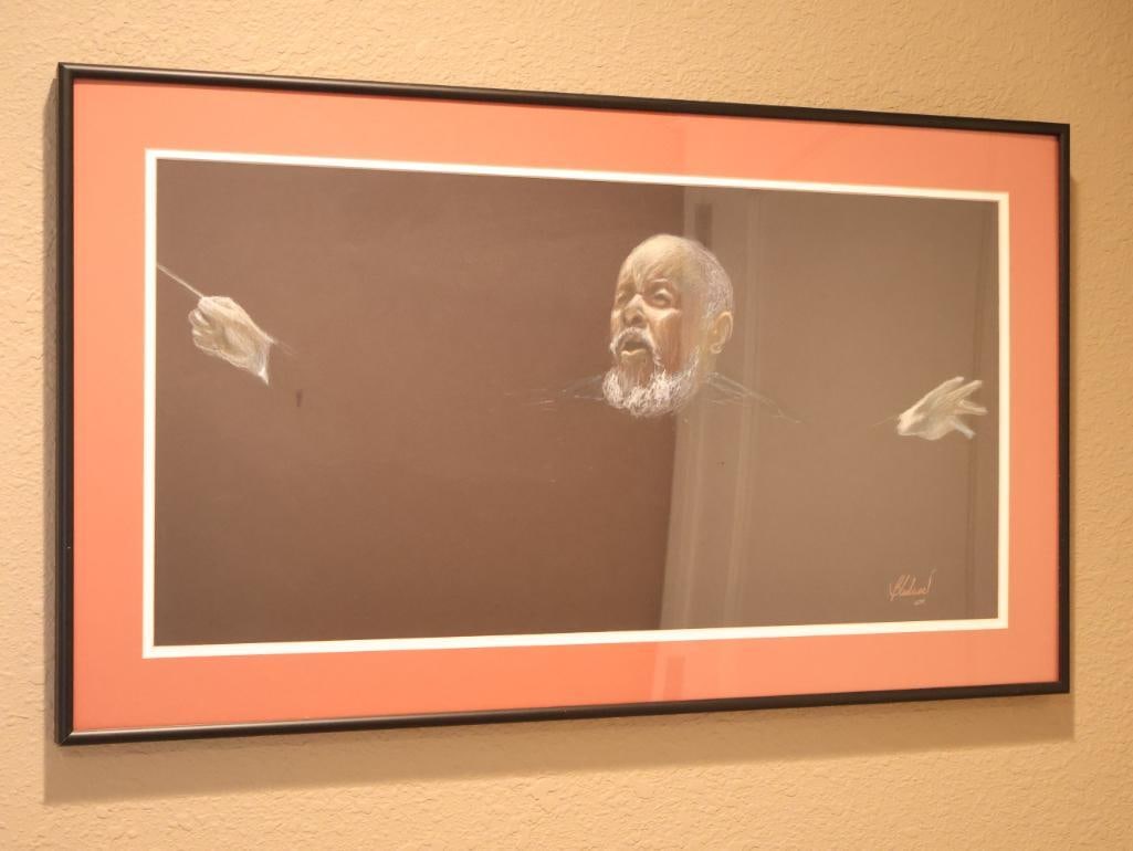 Original by Berie Bledsoe "Music Man" James DuPriest Portland Oregon Conductor: Value at the date of purchase $700.00. Framed Signed Art. Please view all photos for sizes and condition.