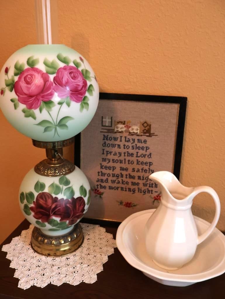 Antique Gone With The Wind Lamp, 1923 stitching, and Ceramic Wash Basin (1 of 11)